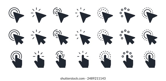 Zeiger, Maus, Klicken, Cursorsymbole auf weißem Hintergrund, flache Vektorillustration