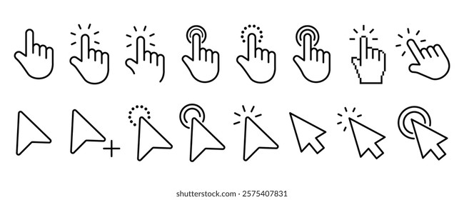 Pointer, mouse, click, hand cursor line icon set. Computer, button, progress, licking cursor, pointing hand clicks, waiting loading icons pack. Vector illustration with transparent background.