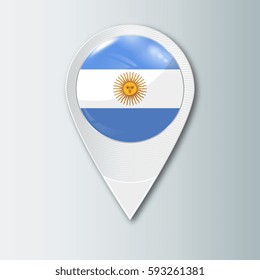 Pointer with the national flag of Argentina in the ball with reflection. Tag to indicate the location. Realistic vector illustration.