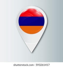 Pointer with the national flag of Armenia in the ball with reflection. Tag to indicate the location. Realistic vector illustration.