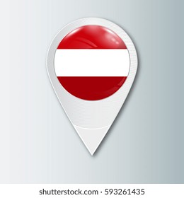 Pointer with the national flag of Austria in the ball with reflection. Tag to indicate the location. Realistic vector illustration.