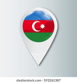 Pointer with the national flag of Azerbaijan in the ball with reflection. Tag to indicate the location. Realistic vector illustration.