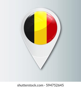 Pointer with the national flag of Belgium in the ball with reflection. Tag to indicate the location. Realistic vector illustration.