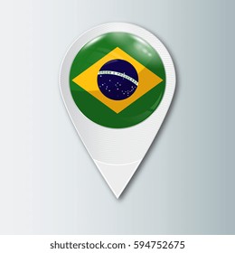 Pointer with the national flag of Brazil in the ball with reflection. Tag to indicate the location. Realistic vector illustration.