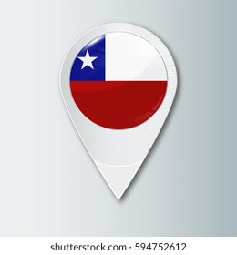 Pointer with the national flag of Chile in the ball with reflection. Tag to indicate the location. Realistic vector illustration.