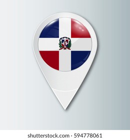 Pointer with the national flag of Dominican republic in the ball with reflection. Tag to indicate the location. Realistic vector illustration.