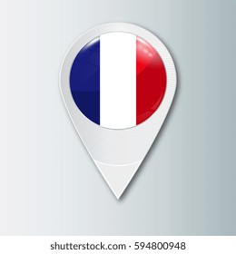 Pointer with the national flag of France in the ball with reflection. Tag to indicate the location. Realistic vector illustration.