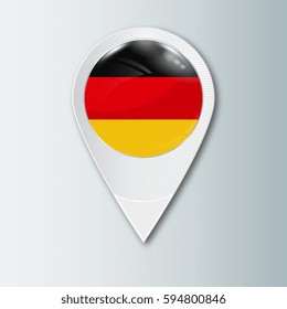 Pointer with the national flag of Germany in the ball with reflection. Tag to indicate the location. Realistic vector illustration.