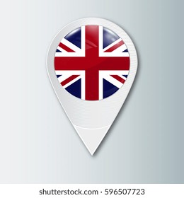 Pointer with the national flag of Great Britain in the ball with reflection. Tag to indicate the location. Realistic vector illustration.