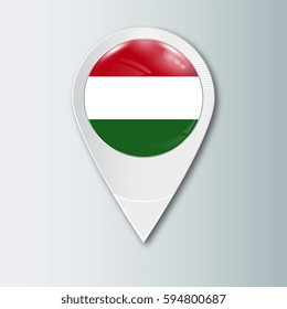 Pointer with the national flag of Hungary in the ball with reflection. Tag to indicate the location. Realistic vector illustration.