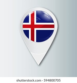 Pointer with the national flag of Iceland in the ball with reflection. Tag to indicate the location. Realistic vector illustration.