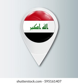 Pointer with the national flag of Iraq in the ball with reflection. Tag to indicate the location. Realistic vector illustration.