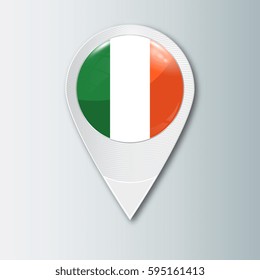 Pointer with the national flag of Ireland in the ball with reflection. Tag to indicate the location. Realistic vector illustration.