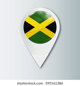 Pointer with the national flag of Jamaica in the ball with reflection. Tag to indicate the location. Realistic vector illustration.