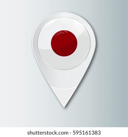 Pointer with the national flag of Japan in the ball with reflection. Tag to indicate the location. Realistic vector illustration.