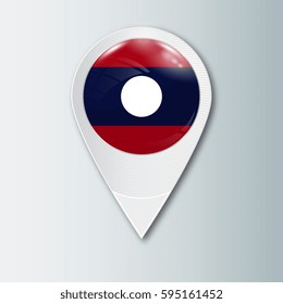 Pointer with the national flag of Laos in the ball with reflection. Tag to indicate the location. Realistic vector illustration.