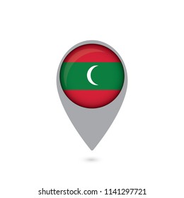 Pointer with the national flag of Maldives island in the ball with reflection. Tag to indicate the location. Realistic vector illustration.