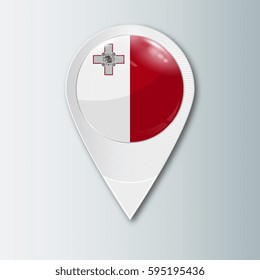 Pointer with the national flag of Malta in the ball with reflection. Tag to indicate the location. Realistic vector illustration.