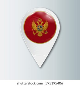 Pointer with the national flag of Montenegro in the ball with reflection. Tag to indicate the location. Realistic vector illustration.