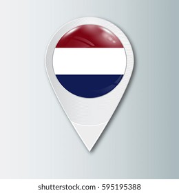 Pointer with the national flag of Netherlands in the ball with reflection. Tag to indicate the location. Realistic vector illustration.