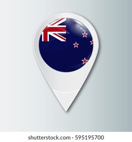 Pointer with the national flag of New Zealand in the ball with reflection. Tag to indicate the location. Realistic vector illustration.