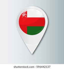 Pointer with the national flag of Oman in the ball with reflection. Tag to indicate the location. Realistic vector illustration.