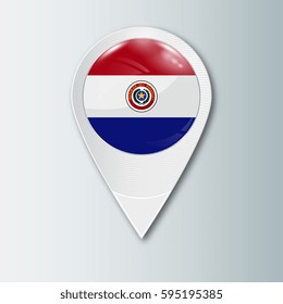 Pointer with the national flag of Paraguay in the ball with reflection. Tag to indicate the location. Realistic vector illustration.