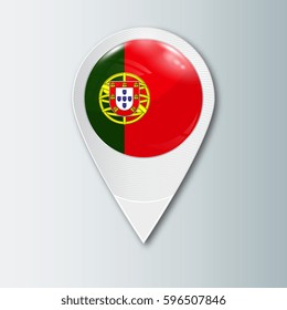 Pointer with the national flag of Portugal in the ball with reflection. Tag to indicate the location. Realistic vector illustration.