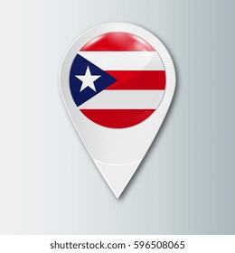 Pointer with the national flag of Puerto Rico in the ball with reflection. Tag to indicate the location. Realistic vector illustration.