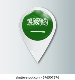 Pointer with the national flag of Saudi Arabia in the ball with reflection. Tag to indicate the location. Realistic vector illustration.