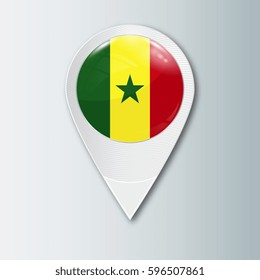 Pointer with the national flag of Senegal in the ball with reflection. Tag to indicate the location. Realistic vector illustration.