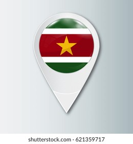 Pointer with the national flag of Suriname in the ball with reflection. Tag to indicate the location. Realistic vector illustration.