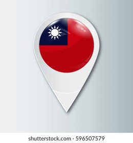 Pointer with the national flag of Taiwan in the ball with reflection. Tag to indicate the location. Realistic vector illustration.