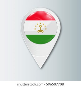 Pointer with the national flag of Tajikistan in the ball with reflection. Tag to indicate the location. Realistic vector illustration.