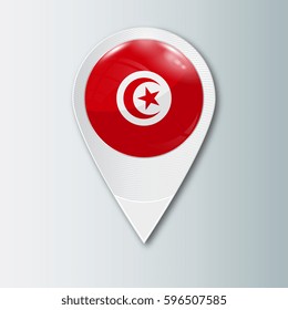 Pointer with the national flag of Tunisia in the ball with reflection. Tag to indicate the location. Realistic vector illustration.