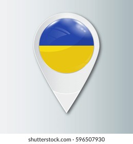 Pointer with the national flag of Ukraine in the ball with reflection. Tag to indicate the location. Realistic vector illustration.