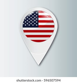 Pointer with the national flag of USA in the ball with reflection. Tag to indicate the location. Realistic vector illustration.