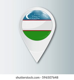 Pointer with the national flag of Uzbekistan in the ball with reflection. Tag to indicate the location. Realistic vector illustration.