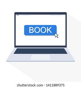 Pointer on BOOK button in web browser of laptop. Flat design isolated on white background. For using in ads, web contents or other.