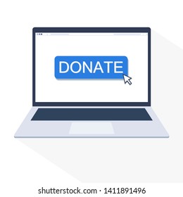 Pointer on DONATE button in web browser of laptop. Flat design isolated on white background. For using in ads, web contents or other.