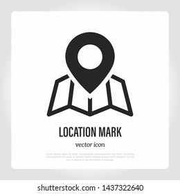 Pointer on folded map. Flat line icon. Location marker. Vector illustration.