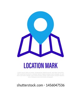 Pointer on folded map. Flat line icon. Location marker. Vector illustration.