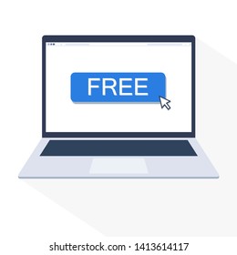 Pointer on FREE button in web browser of laptop. Flat design isolated on white background. For using in ads, web contents or other.