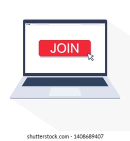 Pointer on JOIN button in web browser of laptop. Flat design isolated on white background. For using in ads, web contents or other.