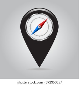 Pointer on the map with a compass inside. black glossy pointer. Isolated object. Vector illustration.