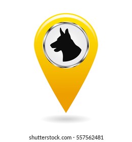 A pointer on the map. Location on the ground protected by dogs. The sign with the silhouette of a dog's head. Isolated object. Yellow pointer. White background. Vector illustration.