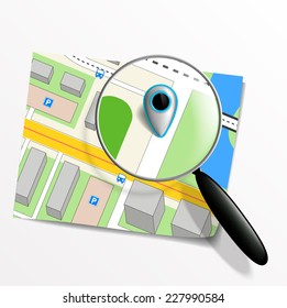 pointer on the map and magnifying glass