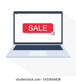 Pointer on SALE button in web browser of laptop. Flat design isolated on white background. For using in ads, web contents or other.