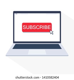 Pointer on SUBSCRIBE button in web browser of laptop. Flat design isolated on white background. For using in ads, web contents or other.