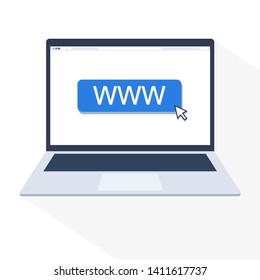 Pointer on WWW button in web browser of laptop. Flat design isolated on white background. For using in ads, web contents or other.